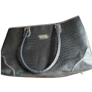 Bob Mackie Black Croc Tote Bag Faux Leather Handbag Silver Logo Contrast